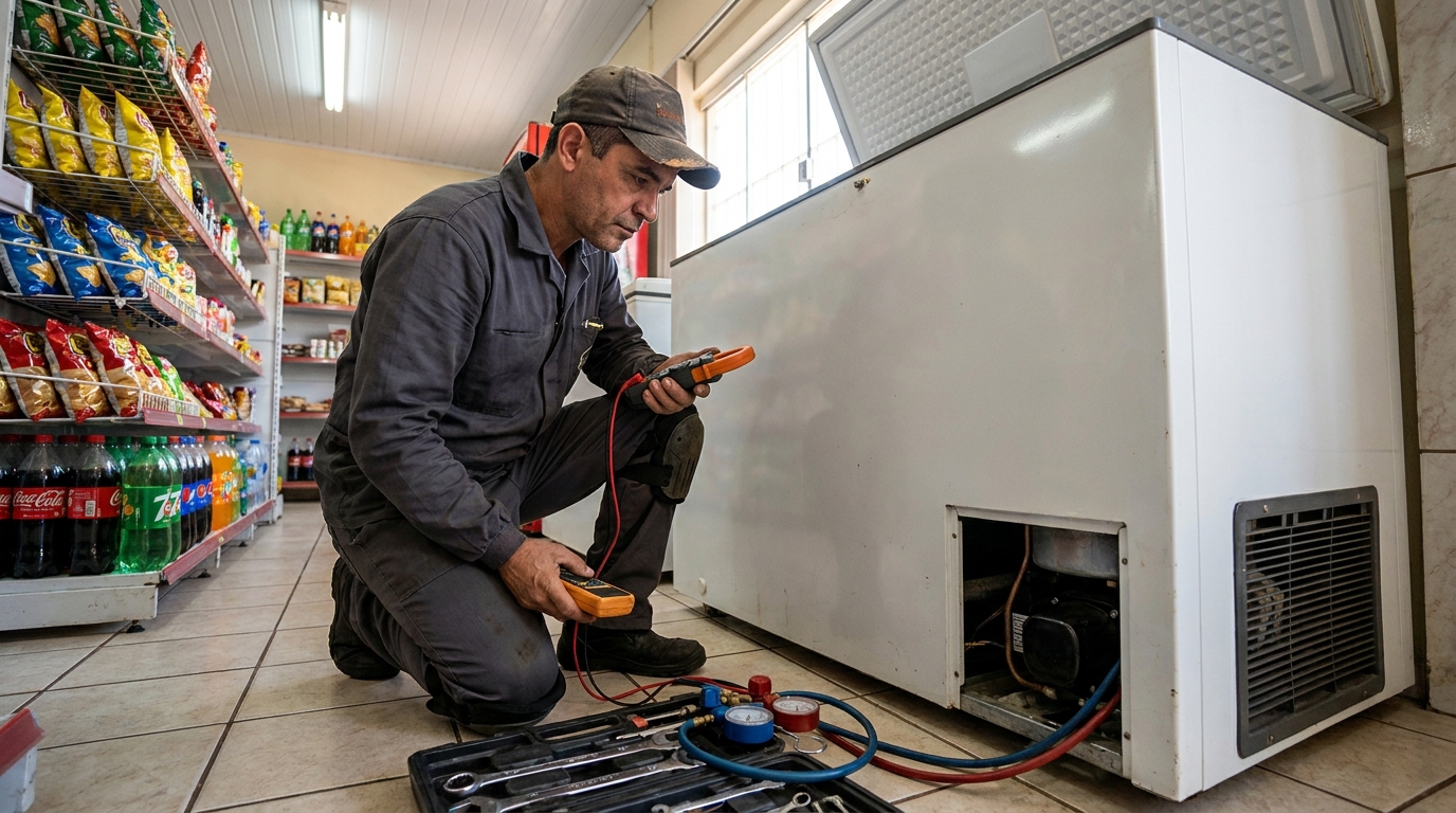 Reparo na placa eletrônica do freezer no Parque Modelo, Campos dos Goytacazes‑RJ
