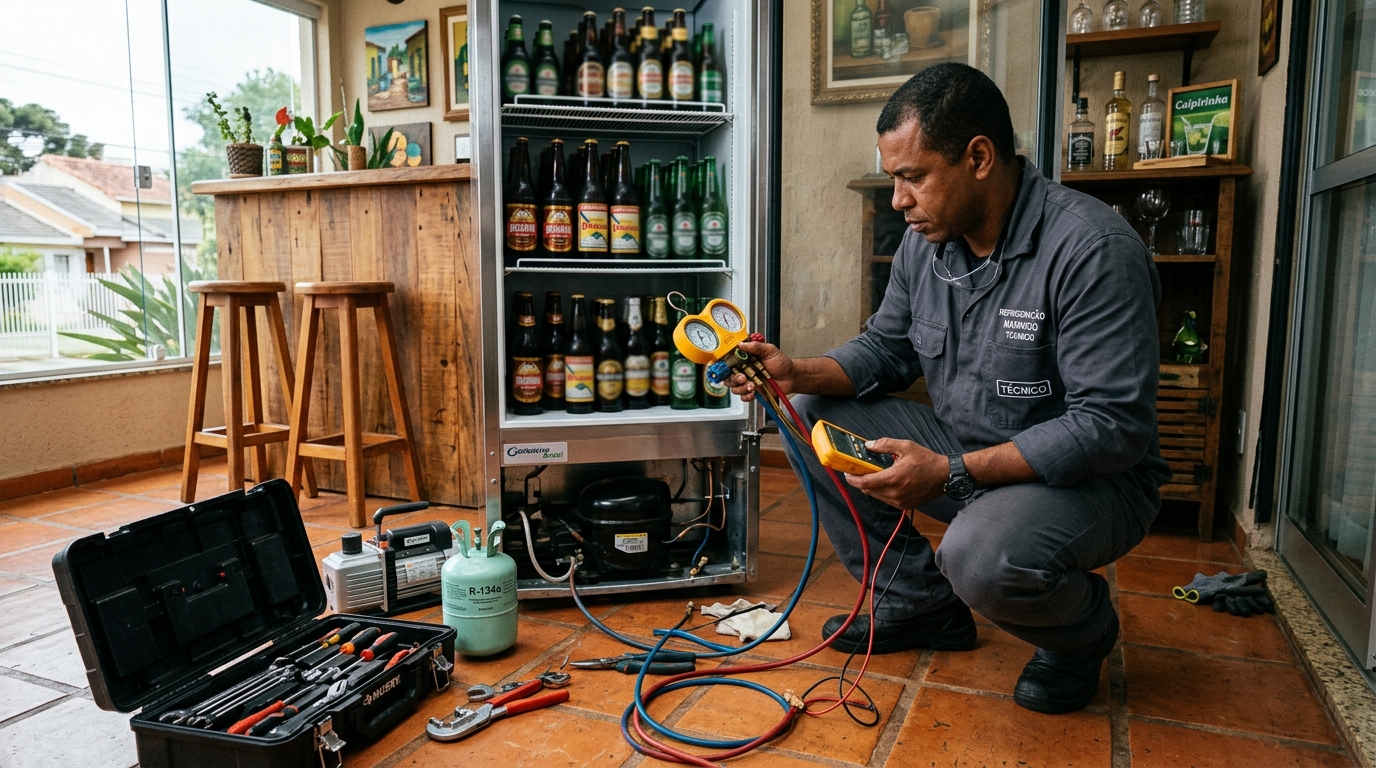 Profissional executando reparo no motor de cervejeira na Morada da Lua, Campos dos Goytacazes‑RJ