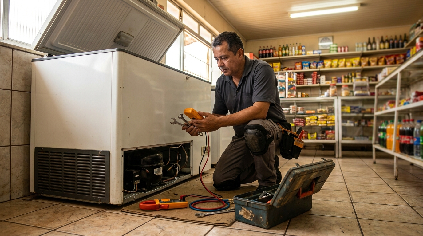 Profissional executando manutenção no motor de freezer no Parque Modelo, Campos dos Goytacazes‑RJ
