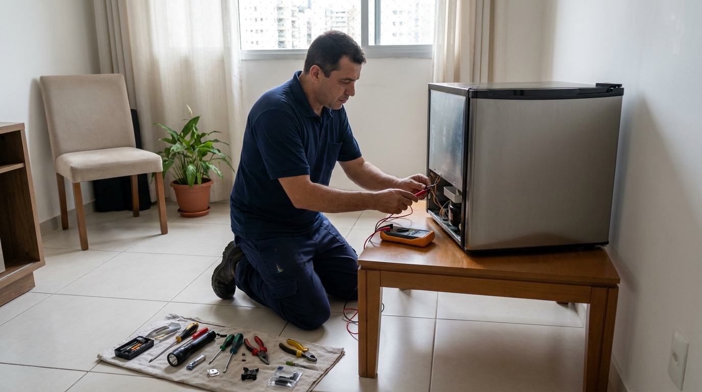 Técnico fazendo manutenção do motor de frigobar em Guriri, Campos dos Goytacazes‑RJ
