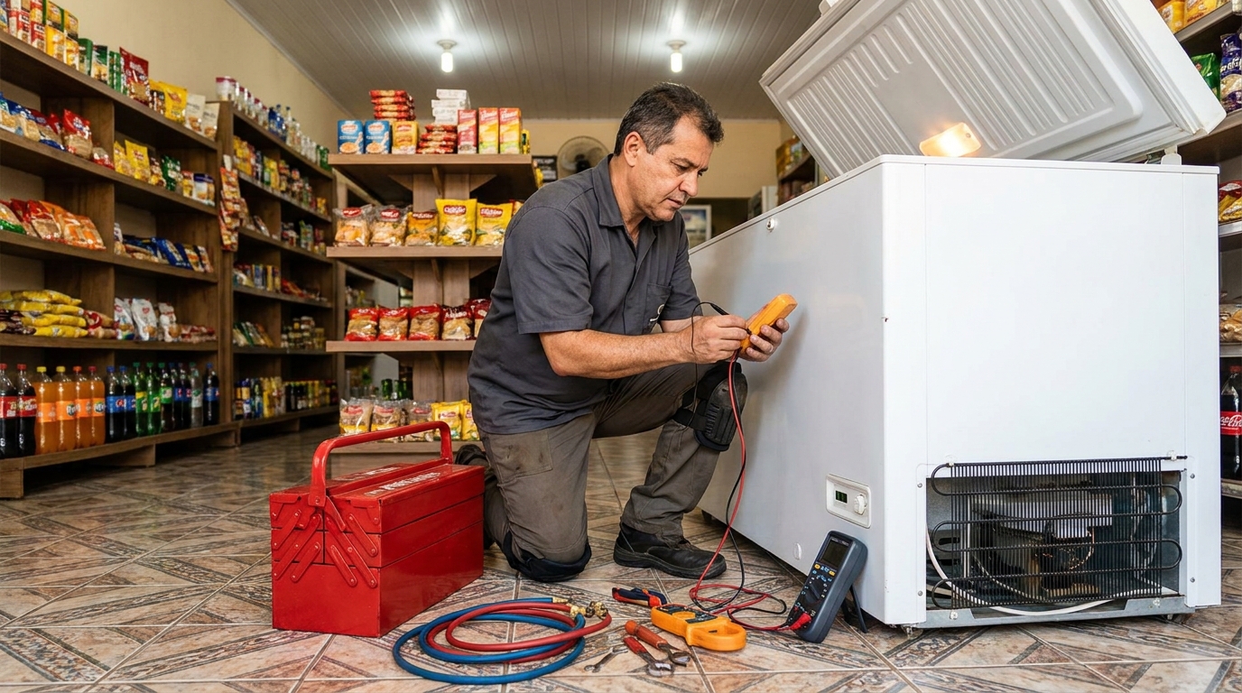 Recarga de gás refrigerante no freezer durante atendimento no Parque Modelo, Campos dos Goytacazes‑RJ