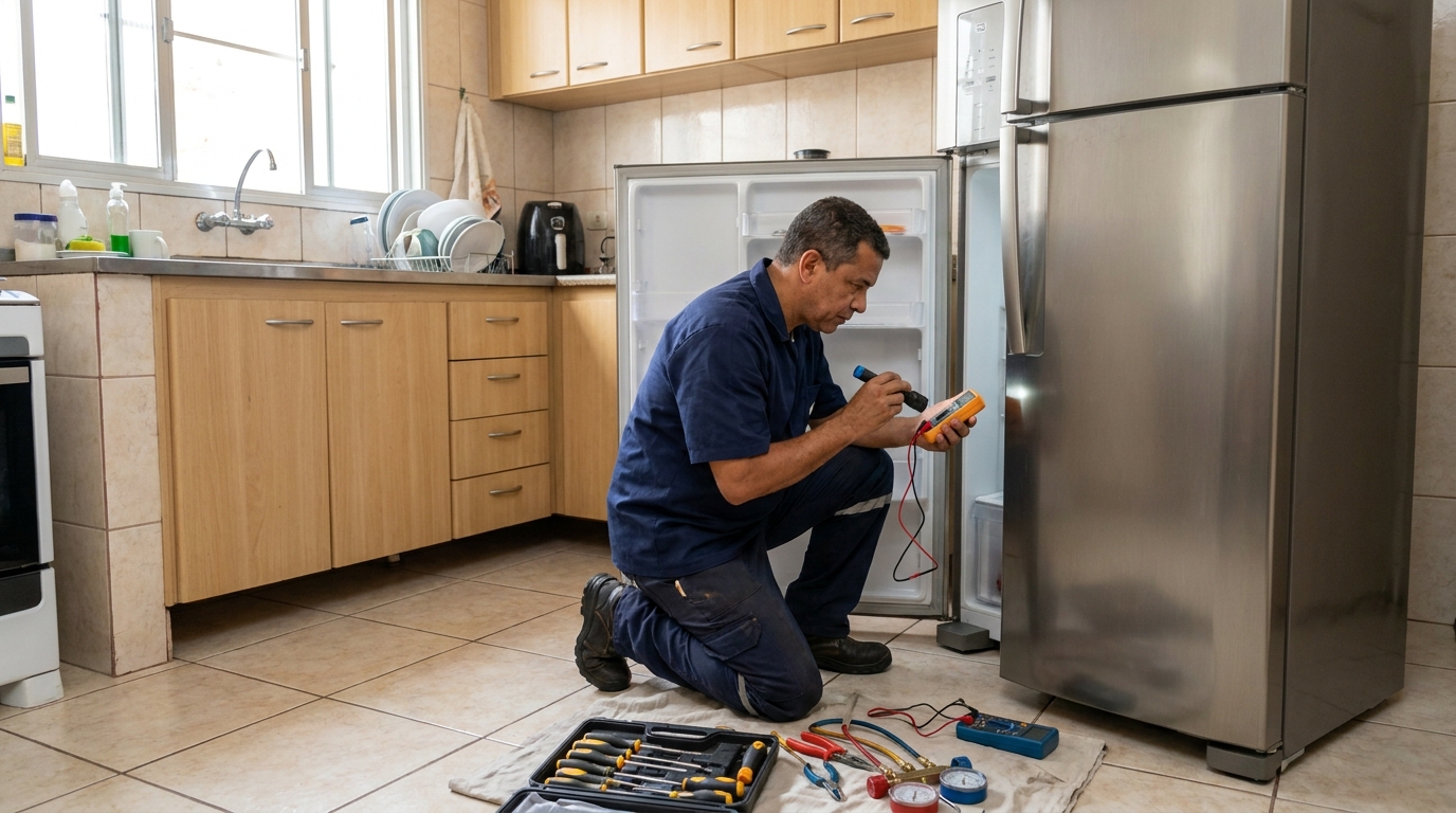 Técnico aplicando recarga de gás refrigerante em geladeira em Goytacazes, Campos dos Goytacazes‑RJ