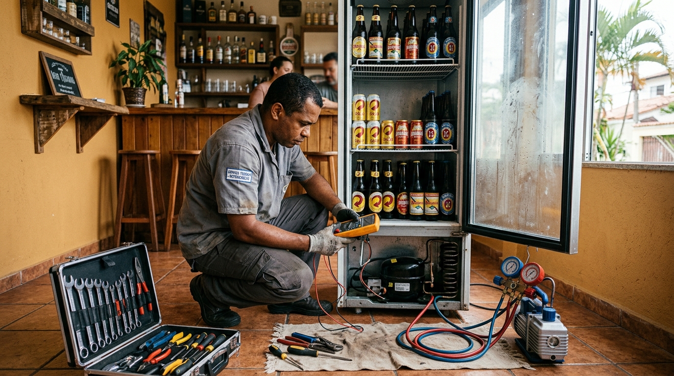 Substituição de termostato de cervejeira em serviço técnico na Morada da Lua, Campos dos Goytacazes‑RJ