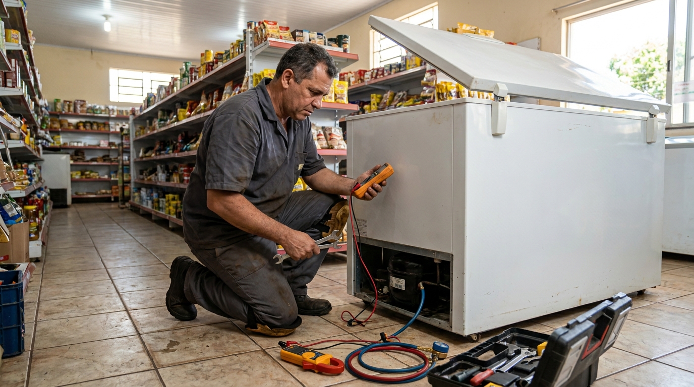 Substituição de termostato de freezer em visita técnica no Parque Modelo, Campos dos Goytacazes‑RJ